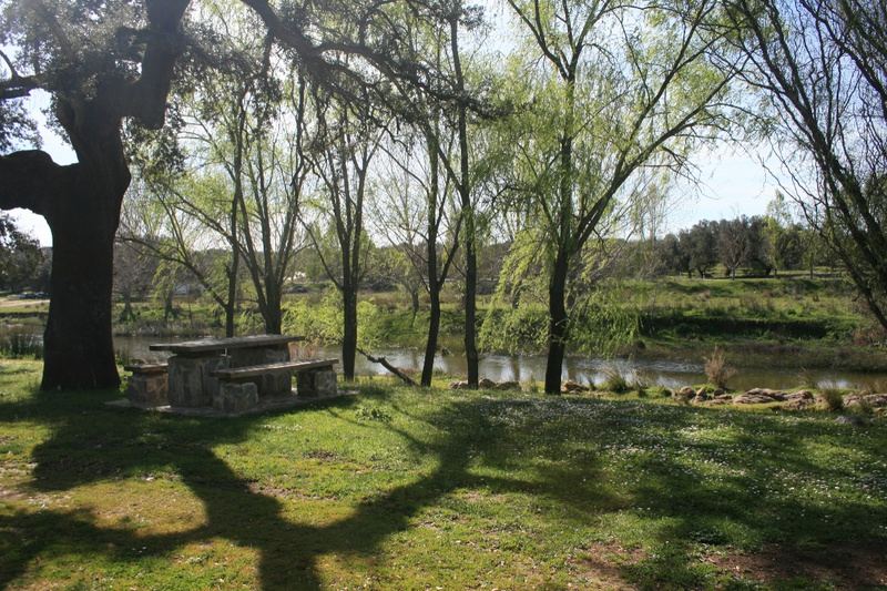 Mesa de piedra bajo los árboles junto al agua, en el Área Recreativa Ribera de Cala, cerca de El Real de la Jara